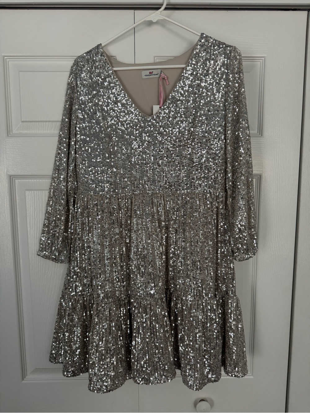 Vineyard Vines Silver Sequin V-Neck Tiered Party Dress for Kids